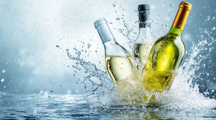 Fresh wine bottles splash in water, creating dynamic water droplets and refreshing atmosphere. vibrant colors of bottles enhance lively scene