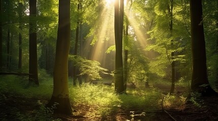 Naklejka premium Serene Sunlight in Lush Green Forest