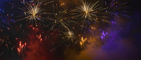 Fototapeta premium Silvester 2025 New year New Year's Eve Party background banner panorama long- firework fireworks on dark black night sky texture
