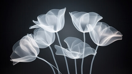 X ray flowers glowing in dark, showcasing intricate details and ethereal beauty. delicate structure creates mesmerizing visual effect