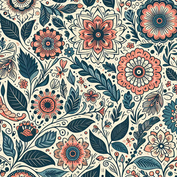 A cute floral pattern with cream, blue, yellow  and purple flowers and dark stems and leaves on a white background.