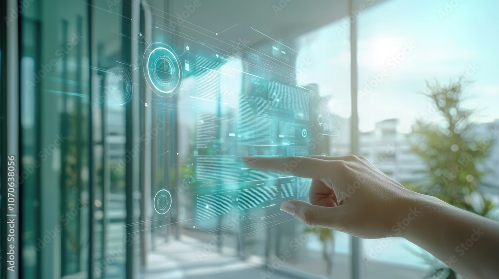 Poster hand interacting with a digital interface showing a futuristic smart home system.