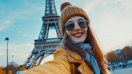 Tourist enjoys a vacation while taking a selfie with a phone, smiling and capturing fun moments to share on social media