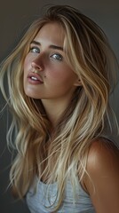 Fototapeta premium Portrait of a confident woman in a studio, showcasing her textured hair with a focus on beauty, luxury wellness, and haircare treatments against a dark backdrop