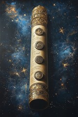 A detailed view of a parchment scroll bound by seven ornate seals, each adorned with symbolic engravings, set against the backdrop of a starry night sky, evoking a sense of mystery and ancient wisdom.