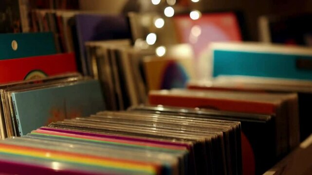 Colorful CDs Stacked on a Shelf