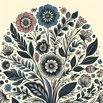 A cute floral pattern with cream, blue, yellow  and purple flowers and dark stems and leaves on a white background.