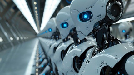 Fototapeta premium Assembly of robotic beings in a manufacturing setting. Concept of automation and workforce substitution