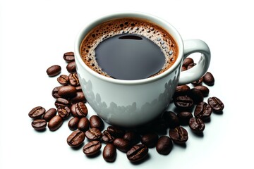 Obraz premium Simple illustration of a coffee mug with coffee beans around it, on a white background for a clean look