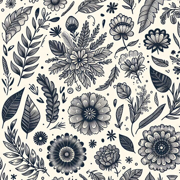 A cute floral pattern with cream, blue, yellow  and purple flowers and dark stems and leaves on a white background.