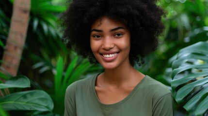 Fototapeta premium Cheerful young woman in a green t-shirt standing in front of a plant backdrop promoting eco-friendliness