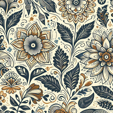 A cute floral pattern with cream, blue, yellow  and purple flowers and dark stems and leaves on a white background.