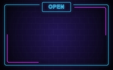 Open neon frame template light glowing lines background