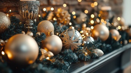 Fototapeta premium Golden and Silver Christmas Ornaments on a Green Garland with String Lights