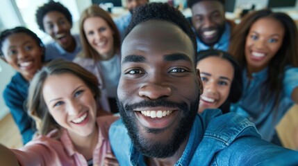 Fototapeta premium Joyful selfie featuring professionals in an office setting, highlighting community support, diversity, and teamwork among colleagues