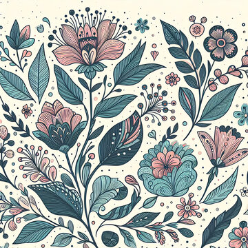 A cute floral pattern with cream, blue, yellow  and purple flowers and dark stems and leaves on a white background.