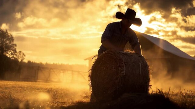 Cowboy lifting Hay Bale at Sunrise on Farm, Golden Morning Light Casting Dramatic Shadows Against Barn and Misty Atmosphere. Video made using Generative AI