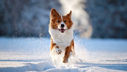 Portrait of a happy dog running in snow at winter