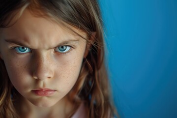 Fototapeta premium Portrait of a child with an upset and frustrated expression against a blue background, showcasing anger and a tantrum through body language