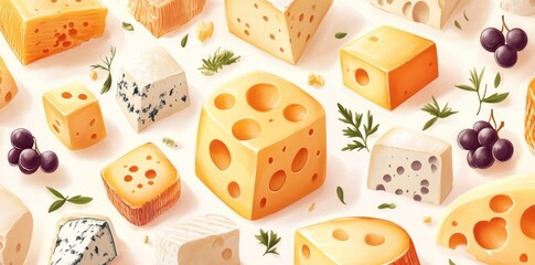 A Variety of Cheeses with Grapes and Greens