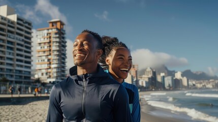 Fototapeta premium Couple embracing and staying fit outdoors, focused on love, support, and a healthy lifestyle while considering workout and mental wellness together