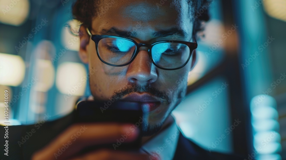 Poster close-up of a professional using a cellphone in an office, checking schedules and social media while