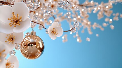 Fototapeta premium Festive Gold Ornament with White Flowers and Diamonds on Blue Background