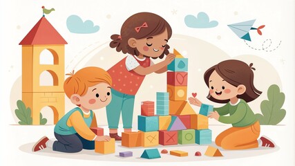Three enthusiastic children building with colorful blocks in a playful setting, creative fun