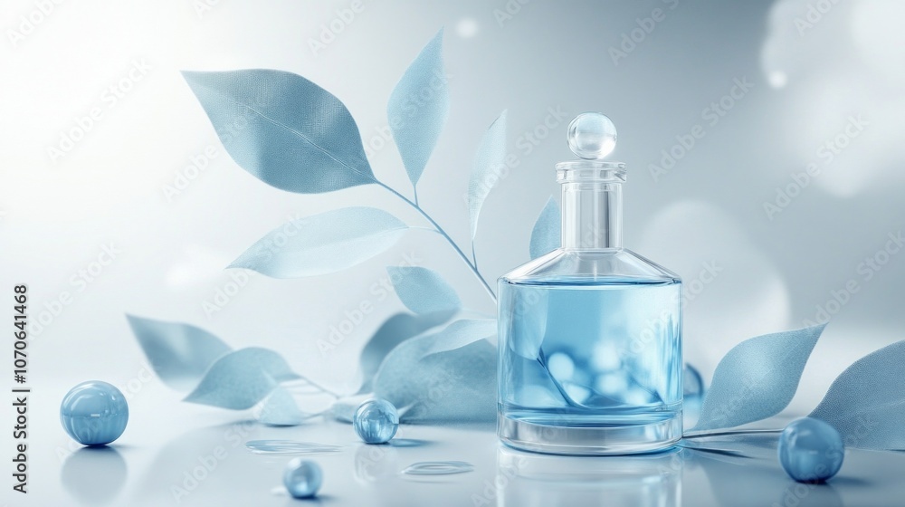 Poster a bottle of perfume is on a table next to a leaf