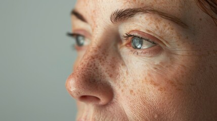Mature woman in a studio showcasing a healthy skincare routine with natural cosmetics. Focus on wellness and anti-aging facial treatments against a gradient gray backdrop