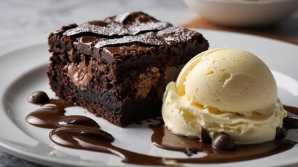A rich chocolate brownie served with vanilla ice cream and chocolate sauce on a plate.