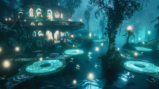 A surreal mansion with floating rooms and bioluminescent gardens, in a mystical setting style