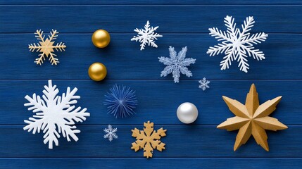 Christmas Decorations on Blue Wooden Background Snowflakes Stars Ornaments