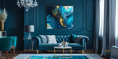  A luxury glam blue living room interior design featuring elegant furniture, rich blue tones, and chic decor elements, creating a sophisticated and stylish atmosphere.