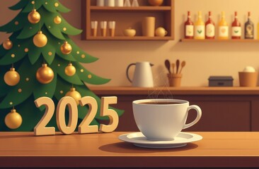 Christmas cafe, a white cup of coffee is on the table, next to it are white numbers for the new year 2025