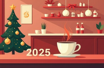 Christmas cafe, bar, a white cup with hot coffee is on the table, next to it are white numbers for the new year 2025