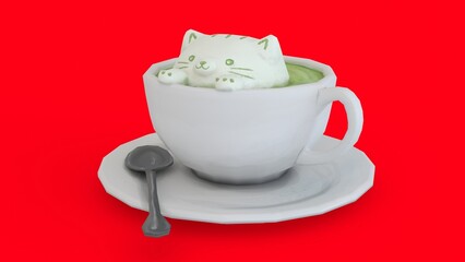 cat tea cup with red background