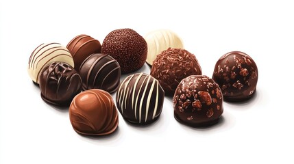 A selection of assorted chocolates with various toppings and decorations, including white, milk, and dark chocolate varieties, isolated on a white background.