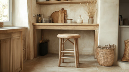 rustic bamboo stool with woven seat in cozy kitchen setting. Natural materials create warmth