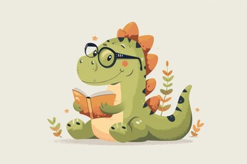 Cute dinosaur reading book with glasses illustration © Ilia