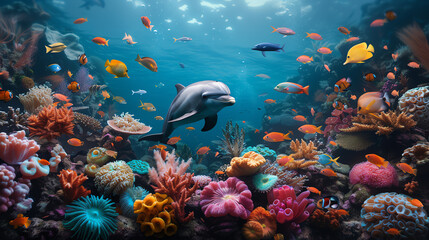 Fototapeta premium A vibrant underwater coral reef, teeming with colorful fish, sea anemones, and a playful dolphin swimming by