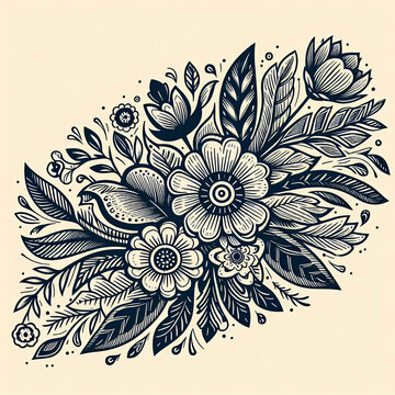 A cute floral pattern with cream, blue, yellow  and purple flowers and dark stems and leaves on a white background.