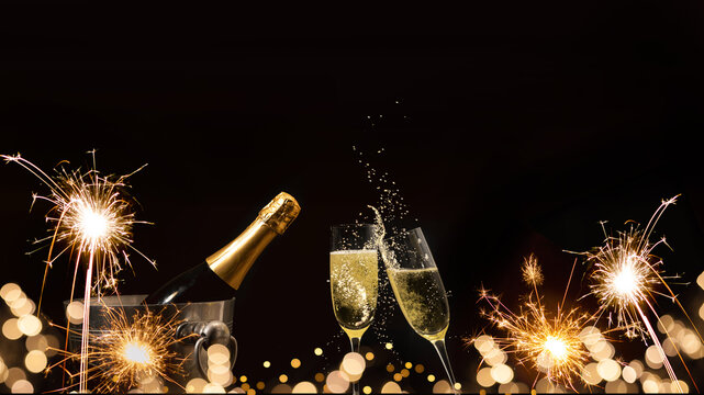 Silvester 2025 New year New Year's Eve Party background banner panorama - Champagne bucket with champagne bottle, champagne glasses for toasting and firework sparklers, dark black night sky