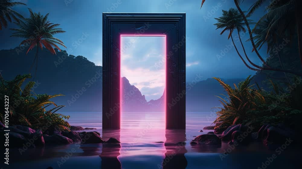 Poster mysterious door or portal with neon light in the jungle in synthwave style