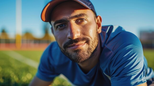 Athlete performing warm-up exercises, including stretching and squats, to prepare for a match, dressed in a t-shirt and cap for fitness and energy