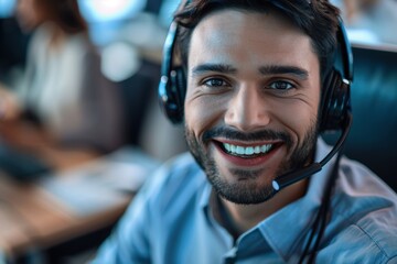 Portrait of a cheerful customer support employee working in a call center environment, engaged in telemarketing and communication tasks