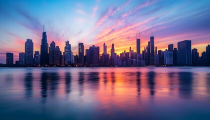 Obraz premium Chicago skyline at sunset reflects vibrantly in Lake Michigan.