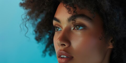 Obraz premium Portrait of a woman showcasing her natural hair and glowing skin in a salon, highlighting wellness and confidence in a spa setting with a blue backdrop