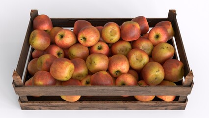 fresh apple in wooden box with white background