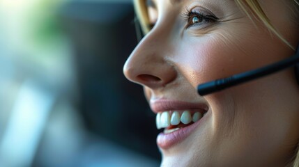 Customer support representative engaged in friendly communication, providing telemarketing and consulting services while using a headset